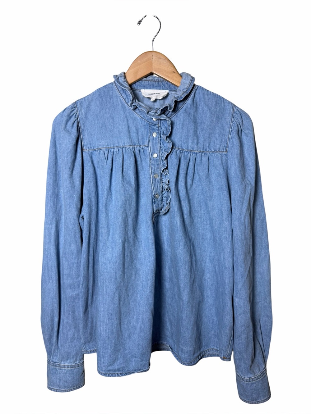 Ba&sh Lady Top Ruffled Denim Blouse Light Blue Size US Large